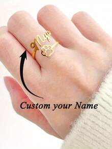 1pc Customized Name Ring, Personalized Cute Cat Paw Name Ring, Unisex, Stainless Steel Material, Adjustable Opening, Couple Gift, Customized Birthday Gift, Christmas Gift - Silver - View 1