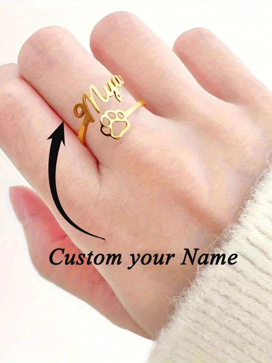 1pc Customized Name Ring, Personalized Cute Cat Paw Name Ring, Unisex, Stainless Steel Material, Adjustable Opening, Couple Gift, Customized Birthday Gift, Christmas Gift - Silver - View 1