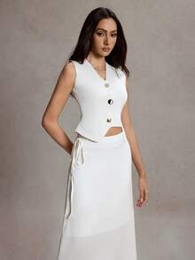 Nouveau style pour femmes Gilet cardigan ouvert en tricot à col V sans manches avec boutons métalliques, ourlet asymétrique , décontracté, printemps été automne - Beige - Voir 3