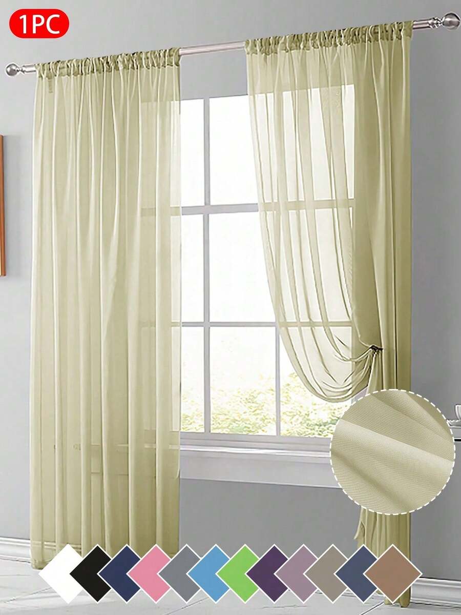 1pc Sheer Voile Curtain, Lightweight Translucent Fabric For Sun Shading, Heat Insulation And Light Filtering, With Rod Pocket Top Design, Suitable For Living Room, Bedroom, Balcony Decoration | Autumn Decor - Beige - View 1