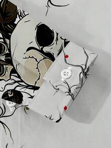 男士哥特式骷髅与红玫瑰印花长袖衬衫，个性化哥特风格全印花翻领纽扣休闲衬衫，艺术氛围万圣节设计，秋冬 - 彩色 - 查看 5