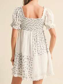 Women's Floral Print Maternity Dress Bow Tie Front Ruffled Trim V Neck Short Sleeve A-Line Mini Dress For Spring/Summer - White - View 3