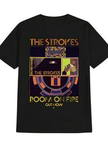 Men's Casual Round Neck T-Shirt With Colorful Mosaic Print The Strokes - 'Room On Fire' Design, Soft Stretch Material, Perfect Summer, Everyday T-Shirt| Graphic T-Shirt| Pohodlný Střih, The Strokes Merchandise - 黑色 - 查看 3