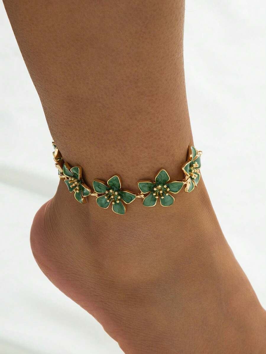 1pc Vacation Style Fresh & Energetic Retro Vibe Dopamine Inspired Green 5-Petal Flower Anklet, Suitable For Vacation, Travel, Date, Daily Wear, Elegant Women Jewelry - Green - View 1