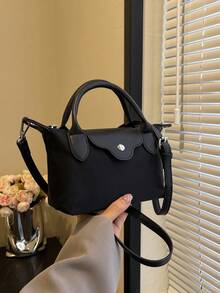 Women's Fashion Casual Versatile Color Block Dumpling Shaped Tote Bag, Minimalist Nylon Square Handbag, Vintage Style Shoulder Bag With Detachable Strap, Suitable For Teenagers, College Students, Young Professionals, Office, Campus, Work, Business And Commuting - Black - View 7