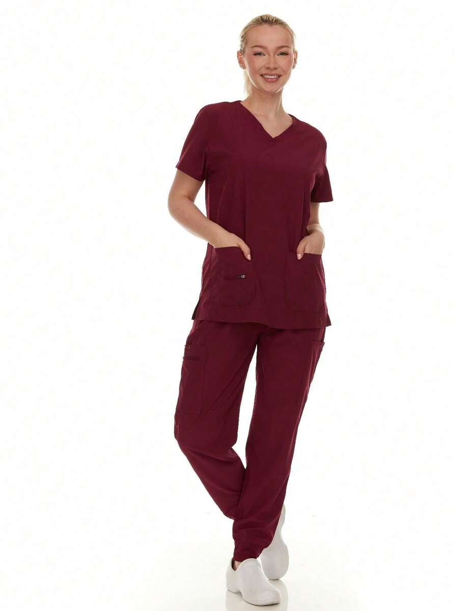 Soft Stretch Scrub Set – 4-Way Stretch - V-Neck Top & Cargo Jogger Pants For Women, Available In Multiple Colors, Lightweight & Wrinkle-Resistant - 酒紅色 - 查看 1