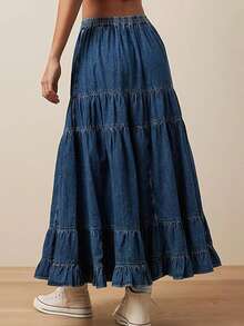 Women Denim Long Tiered Skirt Loose Solid Elastic Waist A-Line Casual Ruffle Jean Skirt Summer Streetwear - 深藍色 - 查看 7