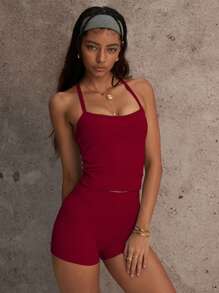 PinkTip "Convertible Cross-Neck Crop Top & High-Waist Cycling Shorts Set LaserCut Back Detail & Tummy Control System 4-Way Stretch UV-C Shielded Activewear For Gym, Yoga & Outdoor Sports"