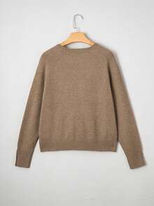 Acelitt 女士驼色纽扣泡泡袖极简圆领针织衫，秋季 - 卡其色 - 查看 6