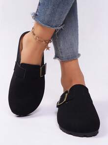 Chaussures mules mode pour femmes pour l'automne/l'hiver, mules plates à plateforme, bout rond bouche large, semelle souple, boucle unique sans dos, polyvalentes et confortables pour les déplacements quotidiens (taille petite d'un demi-point) - Noir - Voir 3