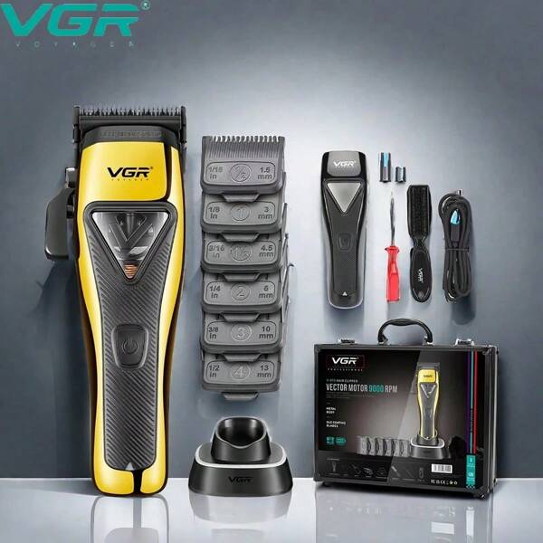 VGR Cortadora de pelo profesional VGR Cortapelos eléctrico ajustable Conjunto de recortadora de vector de motor Base de carga Máquina de corte de pelo de alta potencia Cortapelos inalámbrico para barbero V-015