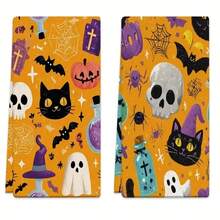 Un set de 2 toallas con temas de Halloween con patrones impresos de fantasmas y gatos negros, decorados con cuadrículas, lavables a máquina, resistentes al calor, absorbentes y reutilizables. Es un regalo ideal para la decoración de la habitación, toallas de cocina y baño, decoración de fiestas y decoración del hogar.