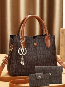 女士手提包套装，时尚单肩包，绣花小方包 - 米色 - 查看 6