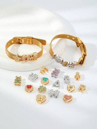 1 pieza Pulsera de acero inoxidable con correa DIY con decoración de letras, pétalos de flores, corazones y hojas