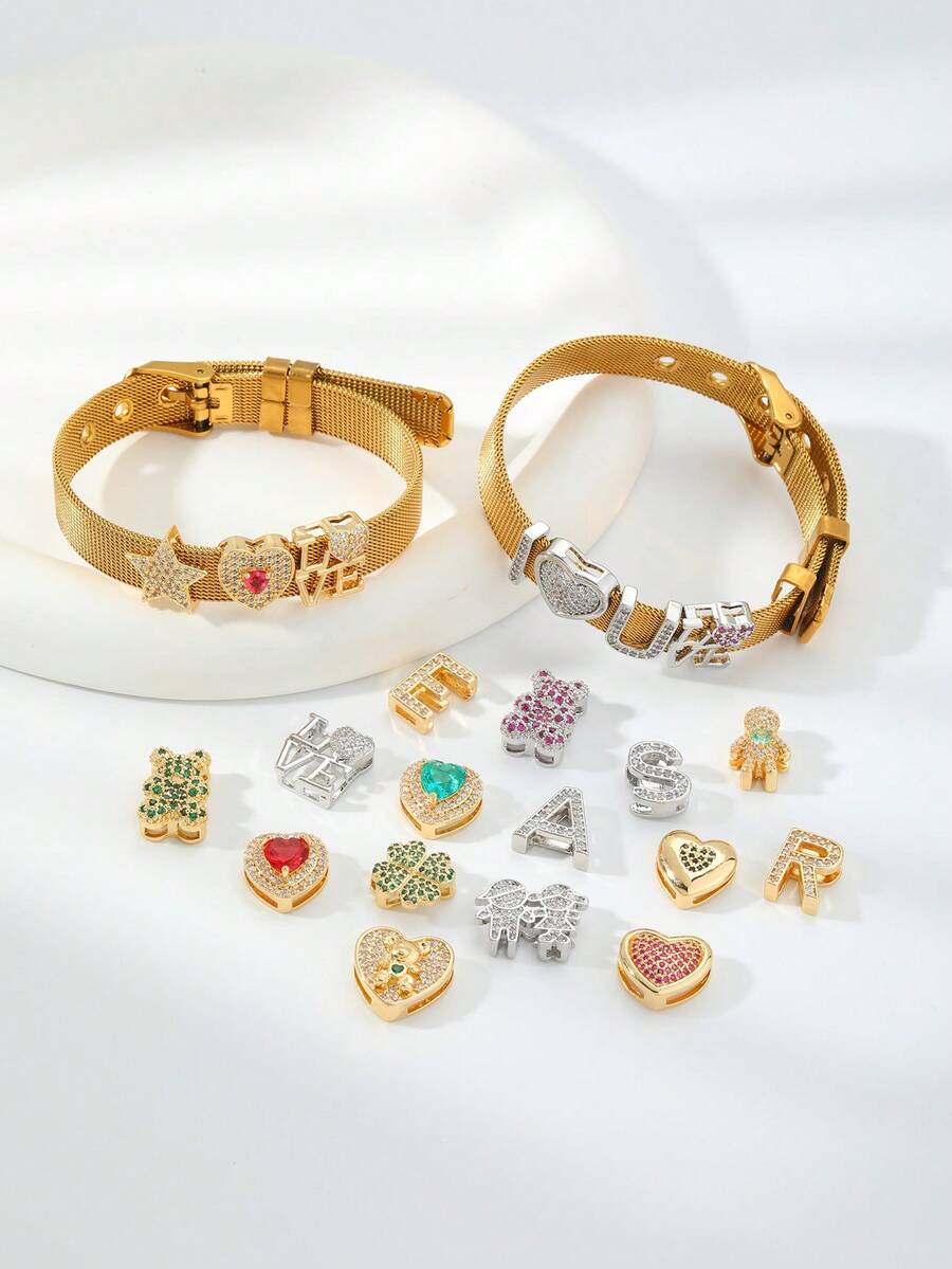 1 pezzo Set di braccialetti in acciaio inossidabile fai-da-te con ciondoli a forma di lettera, petalo, cuore, foglia - Bianco K - Visualizzare 1