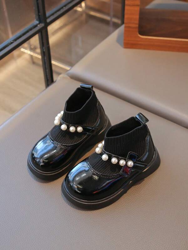 1 par de nuevos zapatos planos de punto con diseño de perlas para niñas pequeñas, con suela antideslizante y suave, adecuados para primavera y otoño