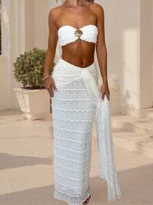 Women Summer Outfits Cute Shells Crop Bandeau Tops And Elastic Tie Front Skirt Set For Streetwear Aesthetic Clothes - 白色 - 查看 3