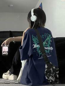 夏季新款休闲圆领蝴蝶印花短袖女T恤，美式简约图案，宽松版型 - 深藍色 - 查看 4