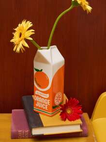 Joivida Aesthetic Orange Juice Box Ceramic Vase – Unique Small Flower Pot, Cute Home Decor & Gift Idea - Orange Color - View 2