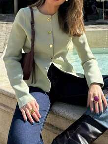 Live To Mo 秋季女装橄榄绿长袖开衫，饰有纽扣 - 商务休闲女装，适合办公室和日常穿着 - 綠色 - 查看 8