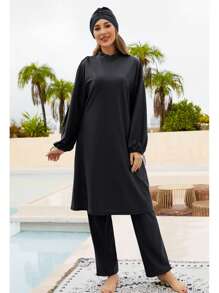 VFJ Ensemble de 3 pièces de burkini, maillots de bain modestes pour femmes musulmanes, avec manches longues, couverture intégrale et bonnet