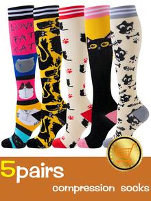 5 pares de calcetines de compresión para pantorrilla de mujer con estampado de gato de dibujos animados, diseño original 2025 como regalo del Día de la Enfermería, calcetines largos elásticos, otoño