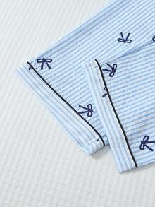 مجموعة بيجامة مكونة من 2 قطعة، طباعة الفيونكة المخططة، ملابس علوية كم طويل ياقة وبنطلون فيونكة، ملابس نوم وملابس منزلية للنساء، موسم الخريف/الشتاء، ملابس باللون الأزرق الفاتح الرائع - الأزرق - مشاهدة 7