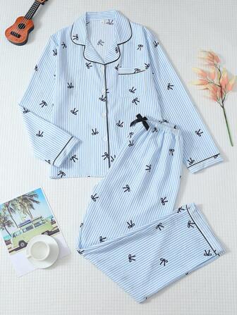 2pcs/Set Striped Bow Print Pajama Set, Long Sleeve Lapel Top And Bow Pants, Women Sleepwear Loungewear, Autumn/Winter, Fall Clothes, Cool Light Blue