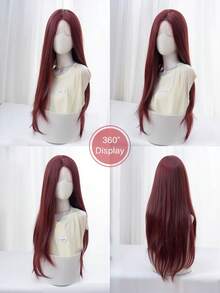 SHUDUO 额头形状蕾丝 4*1，额头蕾丝长直假发，中心分裂红色假发，半编织日常自然，时尚逼真假发（不含配件）