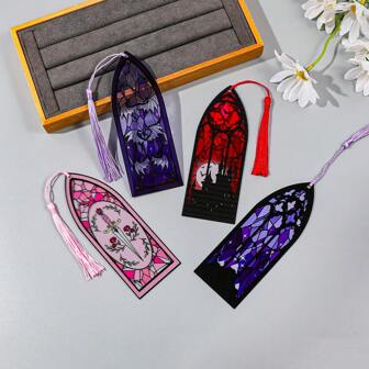 1/4pcs New Gothic-Style Horror Window Shadow Design Transparent Acrylic Tassel Bookmarks, Fantasy Bat Window Shadow Bookmarks, Collection And Commemorative Gifts For Book Readers And Book Fans