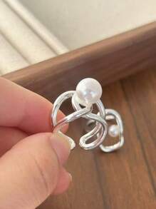 2pcs Pearl Rings Set For Women Couples New Elegant Creative Hollow Geometry Handmade Birthday Party Rings Jewelry Gifts - Silver - View 7