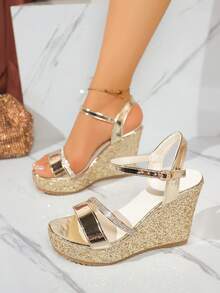 Giày sandal cao gót đế dày bằng da PU mùa hè mới dành cho nữ, kiểu dáng hở mũi, quai điều chỉnh được, phong cách quyến rũ, quai đính đá, lấp lánh, thích hợp cho tiệc tùng và du lịch. - Vàng - Xem 4