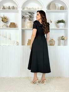 LivanModas Elegant Women's Viscose Dress With Sleeves And Bow Detail – Sophisticated Fashion - 黑色 - 查看 2