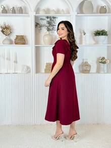 LivanModas Elegant Women's Viscose Dress With Sleeves And Bow Detail – Sophisticated Fashion - Màu Đỏ Sâu - Xem 4