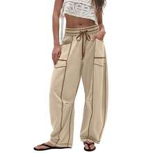 Pantalones de chándal de cintura alta con piernas anchas, pantalones holgados con cordón, pantalones de estar por casa para mujer de la marca Tanming - Caqui - Ver 1