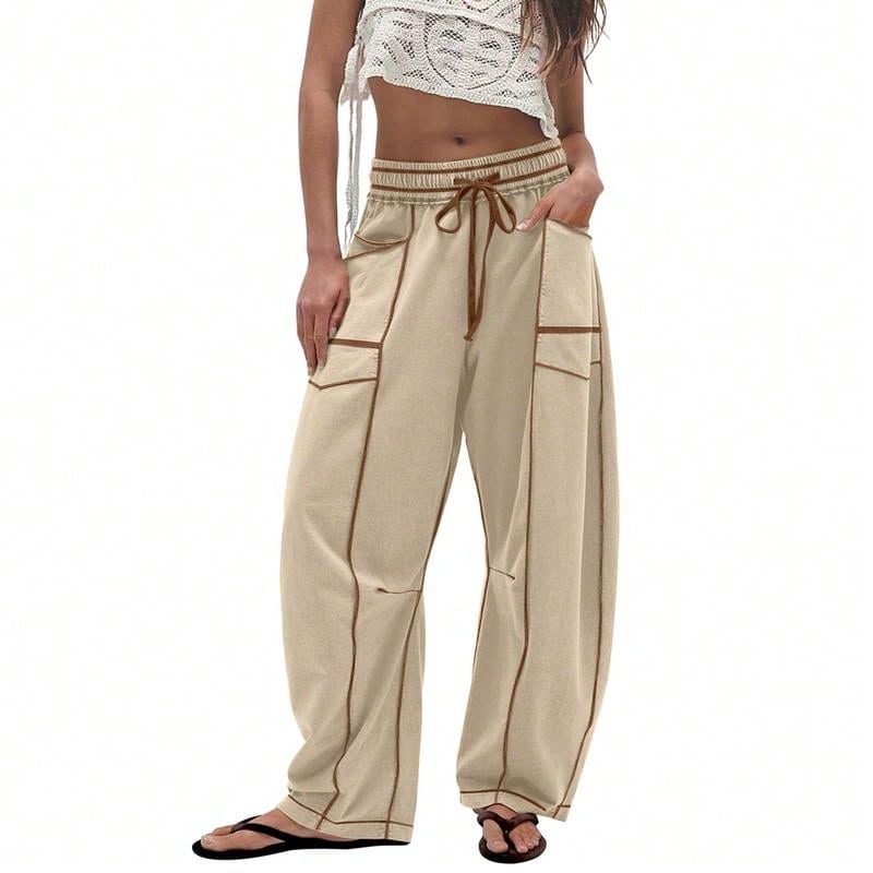 Pantalones de chándal de cintura alta con piernas anchas, pantalones holgados con cordón, pantalones de estar por casa para mujer de la marca Tanming - Caqui - Ver 1