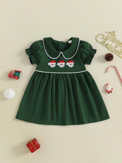Toddler Girls' Christmas Dress  Bubble Sleeve Short Doll Collar Santa Claus Embroidered Dress Holiday Clothing  Christmas  Suitable For Babies Aged 6 Months To 4 Years