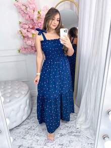 Long Dress With Elastic Straps / Crepe Polka Dot / 94% Polyester, 6% Elastane - 藏蓝色 - 查看 1