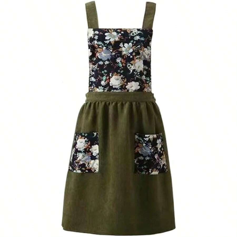 FWQGQEG Vintage Ladies Aprons, Pinafore Apron Dress For Women Girls, Cute Floral Slim Aprons Chef Aprons, Gift For Women - 橄欖綠 - 查看 1