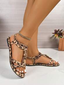 Damen Breite Flache Sandalen, Mode Boho Retro Stil Sandalen, Leichtgewichtige Luxus Bequeme Sandalen, Vielseitige Sexy Sandalen, Geeignet für Party, Outdoor, Strand, Alltag Outfit - Leopardenfarbe - Übersicht 4