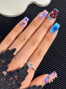 10pcs/Pack Handmade Square Nail Art Decals With Rhinestones, Multi-Color Tie Dye Gradient 3D Nail Stickers With Creative Y2K Design, Full Cover Artificial Glossy False Nails - Multicolor - View 3