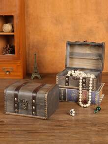 1pc Vintage Wooden Jewelry Box, Treasure Chest Storage Box, Wooden Jewelry Case With Lock, Decorative Container, Home Decor, Kitchen Accessory, Bathroom Decor, Bedroom Decor For Women Storage Organizer Travel Essentials Back To School Dormitory Storage Fall Decor - Multicolor - View 2