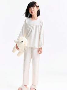 Annil Kinderkleidung, Mädchen- und Teenager-Rundhals-Langarm-Sets, herzförmig bedruckte Prinzessin-Stil Hausanzüge für den Herbst