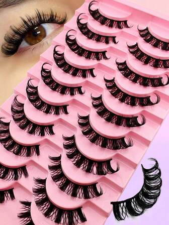 10 Pairs Full False Lashes 15mm Russian Strip D Curl Faux Mink Cat Eye Look Tail Elongated Strip Lashes