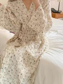 1pc Women Robe House Dress Long Sleeve Sleepwear, Minimalist European Style Spring Autumn Petite Plus Size Thin Solid Color Bathrobes Loungewear