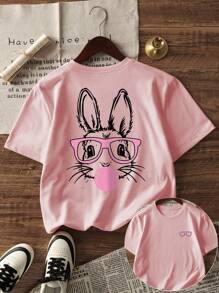 A Casual Printed Round Neck Pullover Short Sleeved T-Shirt For Girls And Boys, Designed For Summer Students And Young Children's Clothing - Cute, Glasses Wearing, Rabbit Animal Series, Artistic Style T-Shirt That Inspires Imagination And Self-Expression! Kids Clothes Girls Graphic Tees Summer Tops Tween Girl Clothes