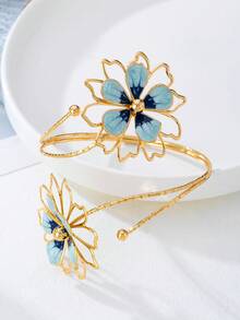 1pc Iron Alloy Double-Headed Enamel Drip Glaze Textured Floral Bangle Bracelet, Minimalist Elegant Fashion Suitable For Mother's Day Gift, Party, And Daily Wear - Blue - View 2