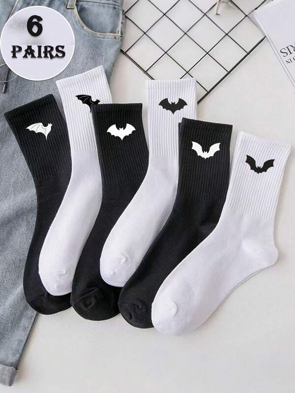 6 Pairs Unisex Halloween Solid Black & White Mid-Calf Socks, Funny Bat Pattern, Comfortable Sports & Outdoor Socks