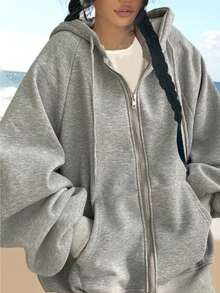 圣诞女士保暖连帽拉链卫衣外套，宽松休闲超大圆领拉链连帽衫，灯笼袖，秋冬款 - 灰色 - 查看 1