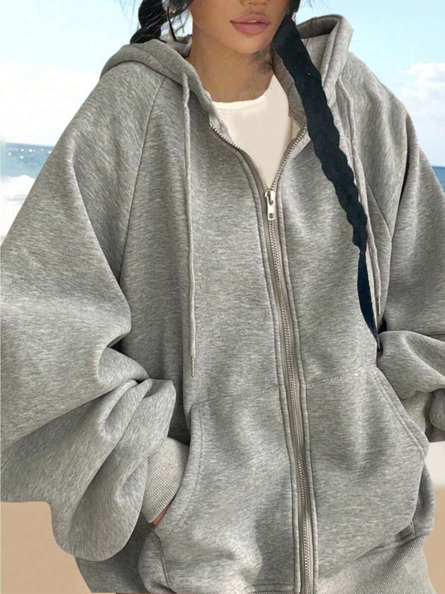 圣诞女士保暖连帽拉链卫衣外套，宽松休闲超大圆领拉链连帽衫，灯笼袖，秋冬款 - 灰色 - 查看 1